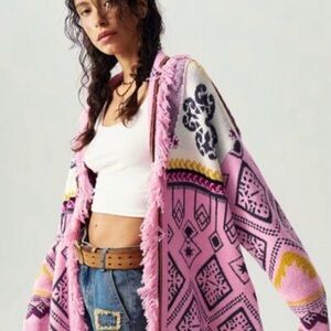 Boho Open Front Pink Aztec Geometric Print Fringe Cardigan Sweater